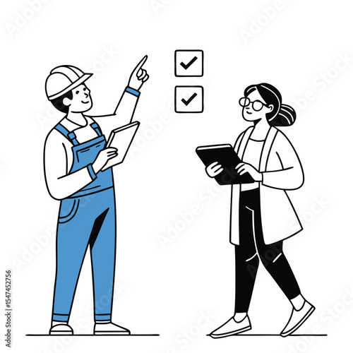 Construction Worker and Inspector Reviewing Checklist Showing Progress and Approval in a Vector Illustration