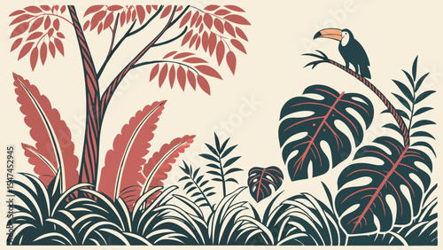Vintage tropical jungle illustration with a toucan bird, lush monstera leaves, and exotic plants in a retro flat graphic design style, perfect for botanical art.
