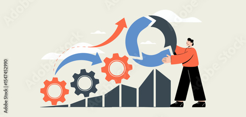 change manager implementing agile transformation with process cycle and gears, vector illustration for organizational change, iterative development and business growth strategy