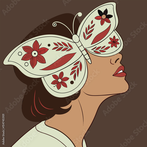Woman with Butterfly Mask Looking Upward in a Vintage Inspired Fashion Illustration