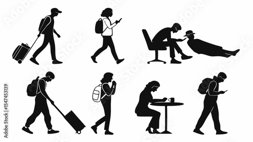 Black and white vector silhouettes of people using smartphones in various daily activities, illustrating modern digital communication and screen time habits.