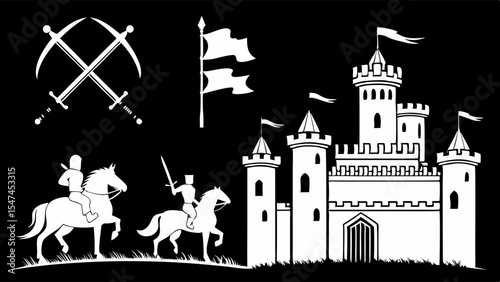 Striking black and white vector art of a grand medieval castle, two brave knights on horseback with swords, crossed mining tools, and flying flags, a historical fantasy scene.