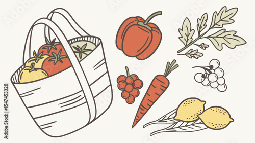 Hand-drawn fresh vegetables and fruits illustration with a harvest basket, tomatoes, bell peppers, grapes, carrot, lemons, wheat. Organic food.
