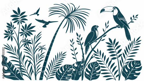 Exotic Tropical Jungle Rainforest Silhouette Vector Illustration Featuring Toucan and Birds Amidst Lush Palm Trees and Dense Foliage Nature Wildlife Artwork