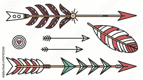 Bohemian tribal arrows and feathers vector illustration set with a cute heart target. Decorative hand-drawn ethnic design elements for rustic boho style art.