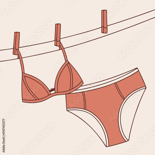 Illustration of Women s Underwear Hanging on a Clothesline with Clothespins in a Simple Style