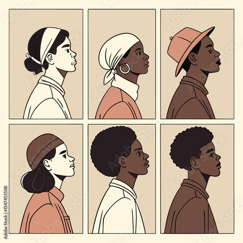 Diverse Group of People in Profile with Retro Fashion and Comic Book Style Illustration