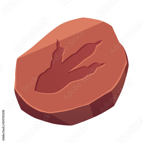 Vector illustration of fossilized three-toed dinosaur footprint on brown stone.