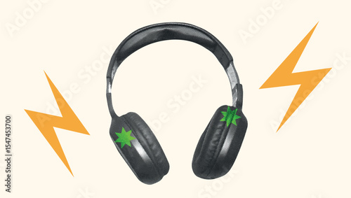 Vintage retro music halftone college headphones in photocopy effect. Grunge modern disco element for karaoke, poster, sticker, podcast, banner, rock party. Isolated dotted vector illustration.