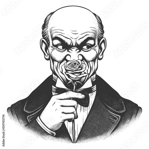 Funny serious bald man sniffing a rose with a highly skeptical and intense expression sketch engraving generative ai fictional character vector illustration. Scratch board. Black and white image.