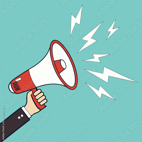 Hand holding megaphone with sound waves communication and announcement concept on blue background