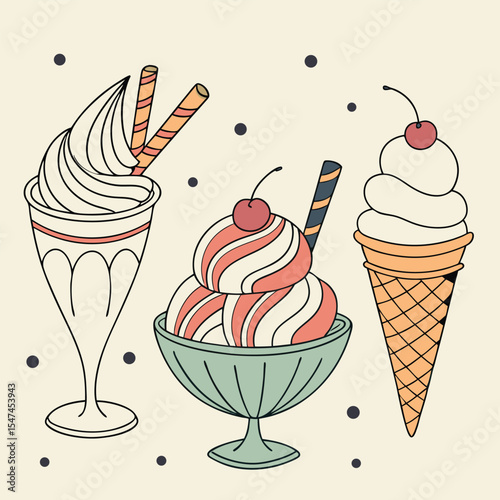 Hand Drawn Ice Cream Illustration with Cherry Toppings and Wafer Sticks on Beige Background