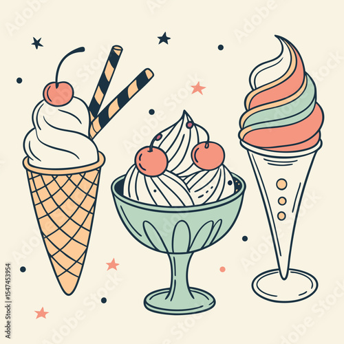 Hand Drawn Ice Cream Collection with Cones Sundae and Colorful Swirls