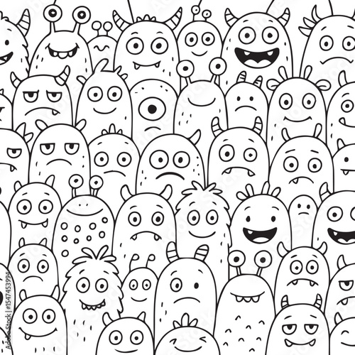 Monster coloring pages for kids and adults. Cute funny monsters in doodle style. Vector black and white illustration. Vector