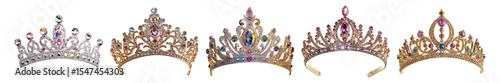 Elegant Collection of Vintage Silver Crowns with Colorful Jewels, Isolated on Transparent, white background