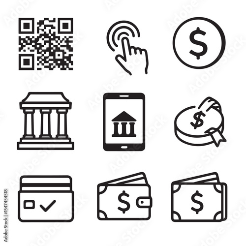 Various financial and technological icons in black and white