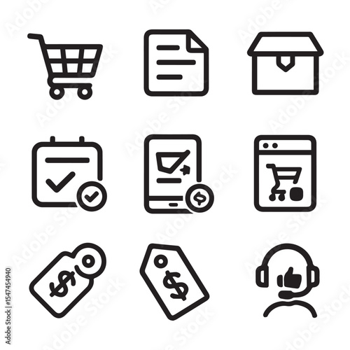 Collection of nine e commerce related icons in black outline