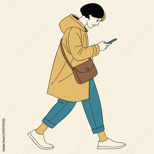 Young woman walking and looking at her phone in a modern illustration