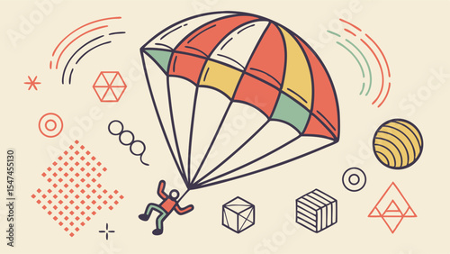 Modern minimalist line art illustration of a skydiver with a vibrant striped parachute descending amidst an array of abstract geometric shapes and patterns on a light beige background.