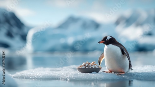 A penguin eating fresh fish on an icy surface.