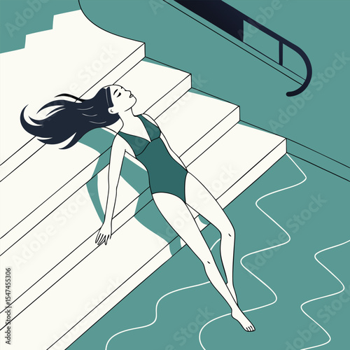 Woman in Swimsuit Relaxing by Poolside on Steps in Summer