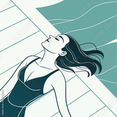 Elegant Woman in Swimsuit Relaxing on a Yacht Deck in Minimalist Style