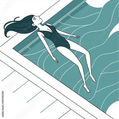 Woman Relaxing in Swimming Pool Minimalist Illustration of Summer Vacation and Leisure Time