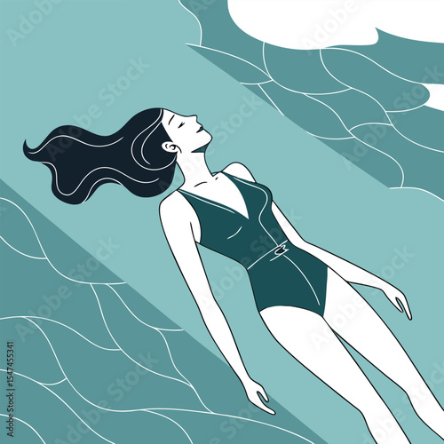 Woman Floating Peacefully in Water Illustration with Waves and Calm Expression in Blue