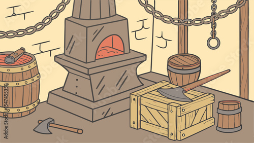 Cartoon medieval blacksmith forge with glowing furnace, axes, wooden barrels, and chains. Hand-drawn fantasy workshop scene for crafting and metalworking.