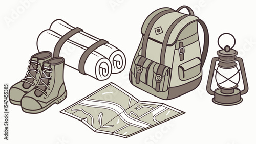 Essential camping and hiking gear flat lay illustration with boots, sleeping bags, backpack, map, and lantern for outdoor adventure preparation.