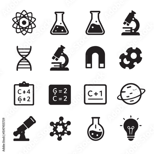 Collection of science and technology related icons in black