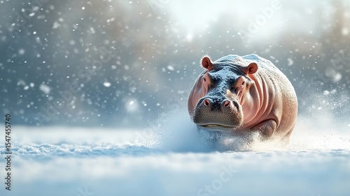 Serene scene of a hippopotamus navigating through a snowy landscape, with snowflakes gently settling on its thick skin and peaceful surroundings.