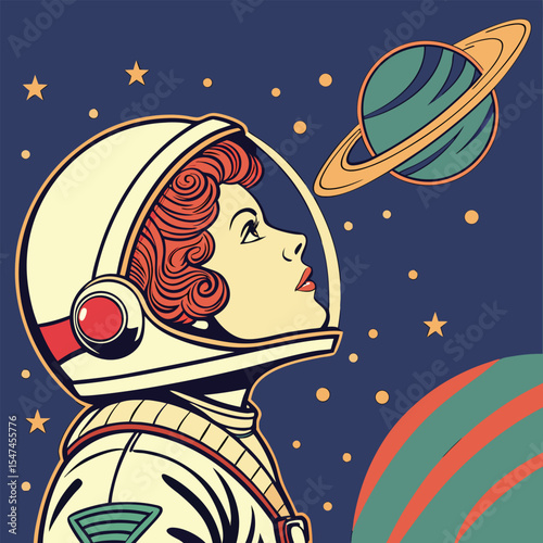 Retro Woman Astronaut Gazing at a Ringed Planet in Outer Space Illustration