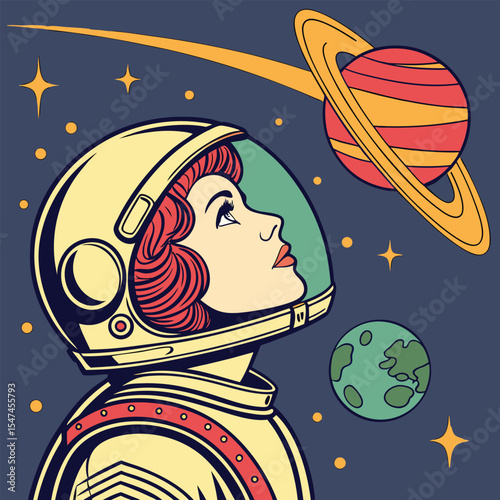 Retro Astronaut Woman Gazing at Planets and Stars in Outer Space Illustration