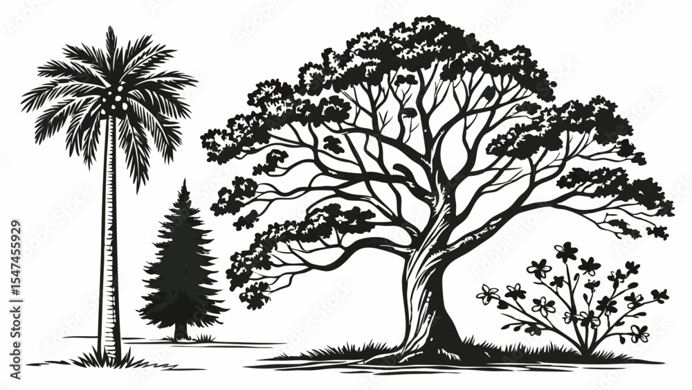 Fototapeta premium Highly detailed black and white hand drawn tree collection featuring a tall palm, a conifer, a large deciduous tree, and a flowering bush, nature botanical sketch art.