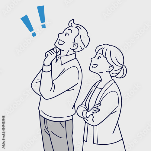 Excited couple looking up with exclamation marks in a simple line art style
