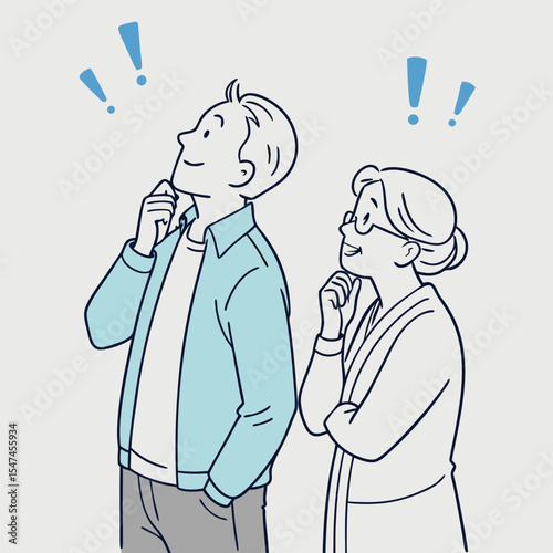 Couple looking up with thoughtful expressions and exclamation marks above their heads in vector illustration