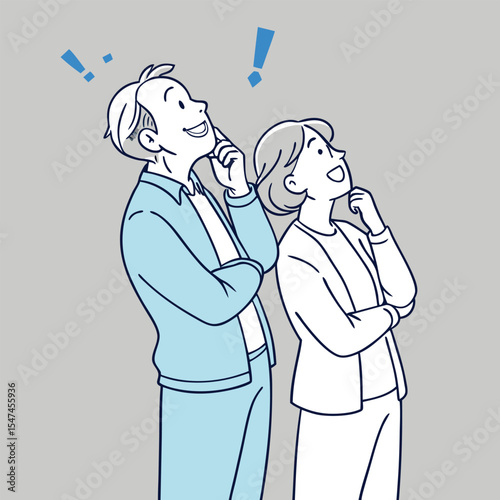 Couple looking up with a bright idea illustration in cartoon style vector
