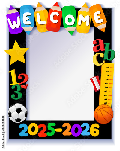 First day of school selfie photo frame, creative Back to school booth design. Welcome to 2025-2026 academic year, photo booth template. Vector illustration with school supplies