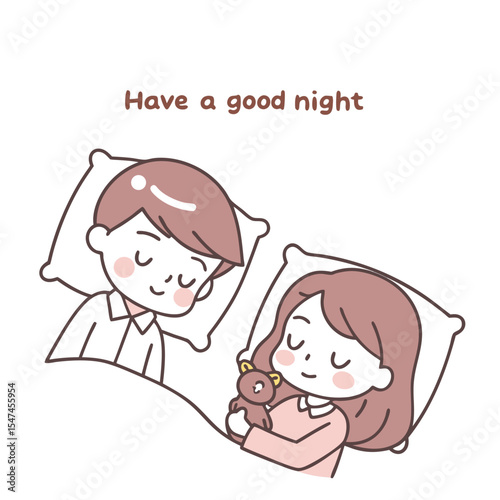 Illustration of a Sleeping Couple with a Teddy Bear and Good Night Message
