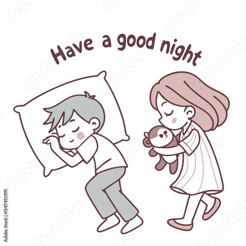 Cute Children Saying Good Night with a Boy Sleeping and a Girl Walking