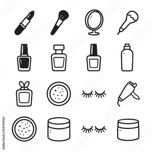A collection of various beauty and cosmetic product line art