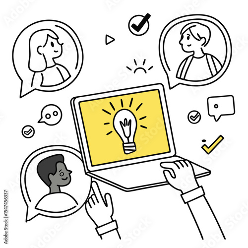 Online meeting with team members brainstorming ideas and problem solving using technology and communication