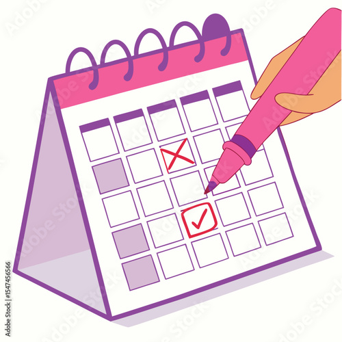Hand Marking a Calendar with Checkmark and Cross Planning and Scheduling Concept