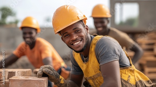 African men working together to build a playground, actively engaging in the construction with teamwork and dedication.