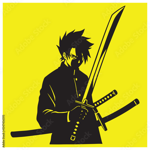 Anime style warrior holding a katana sword on yellow background in vector illustration