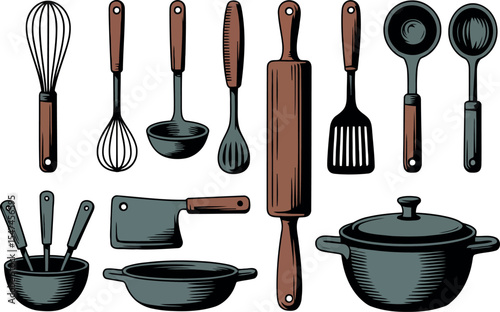 A set of twelve vintage kitchen utensils arranged in a neat grid pattern