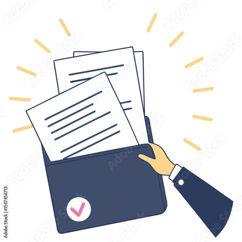 Hand holding folder with documents and check mark symbolizing approval and successful task completion vector illustration