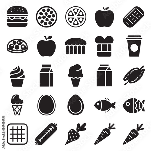 Collection of various food items in black and white vector art