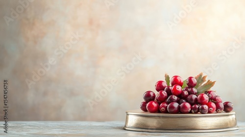 A cluster of fresh cranberries on a chrome golden podium with exquisite detailing, showcasing their vibrant red color against the luxurious backdrop.